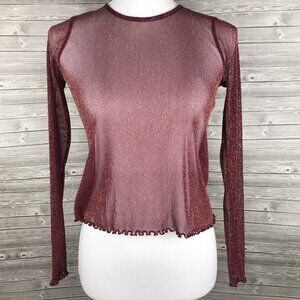 Y2K Womens Sheer Burgundy Gold Glitter Long Sleeve Top Star girl 90s READ